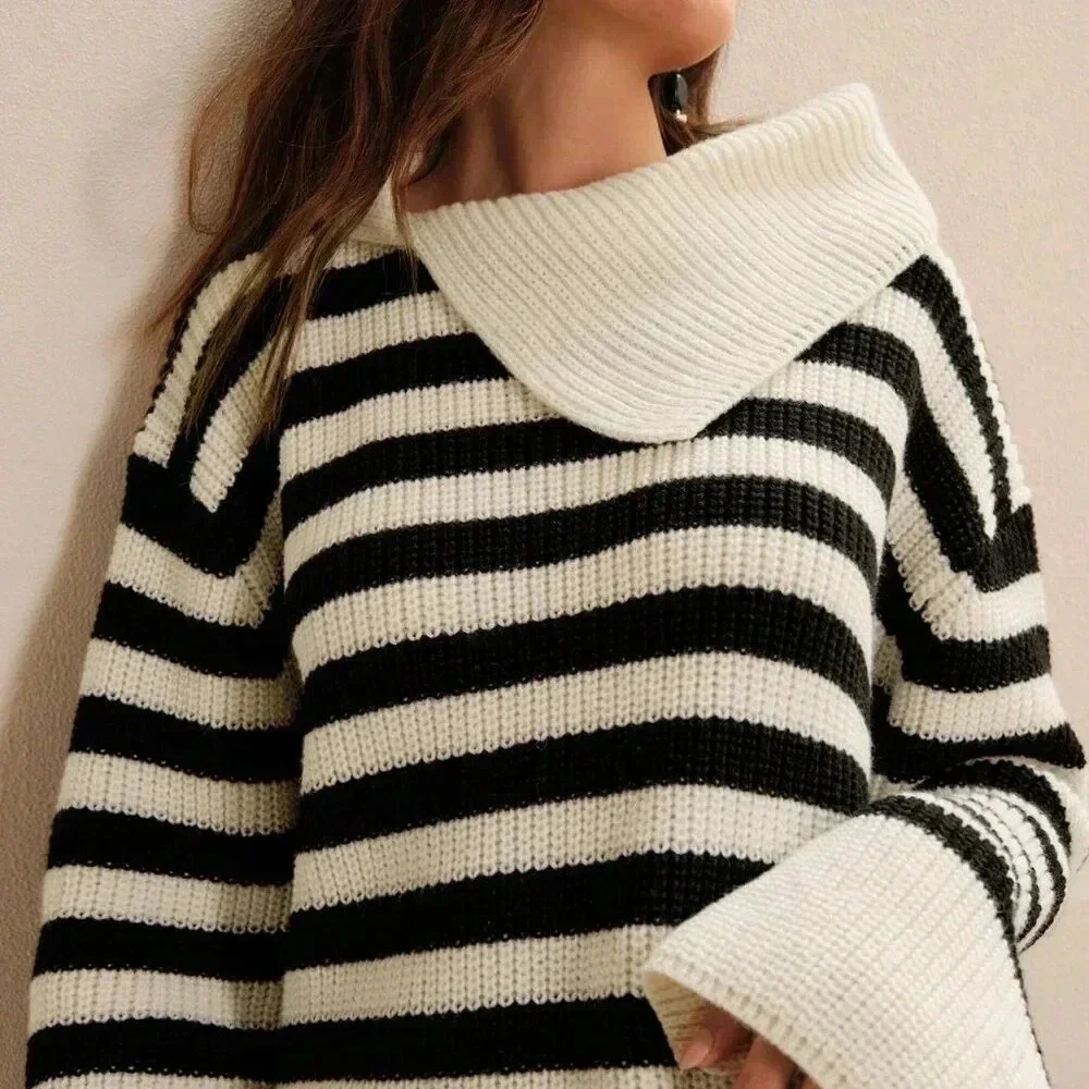 Apricot Casual Women's Striped Color Block Loose Knit Sweater